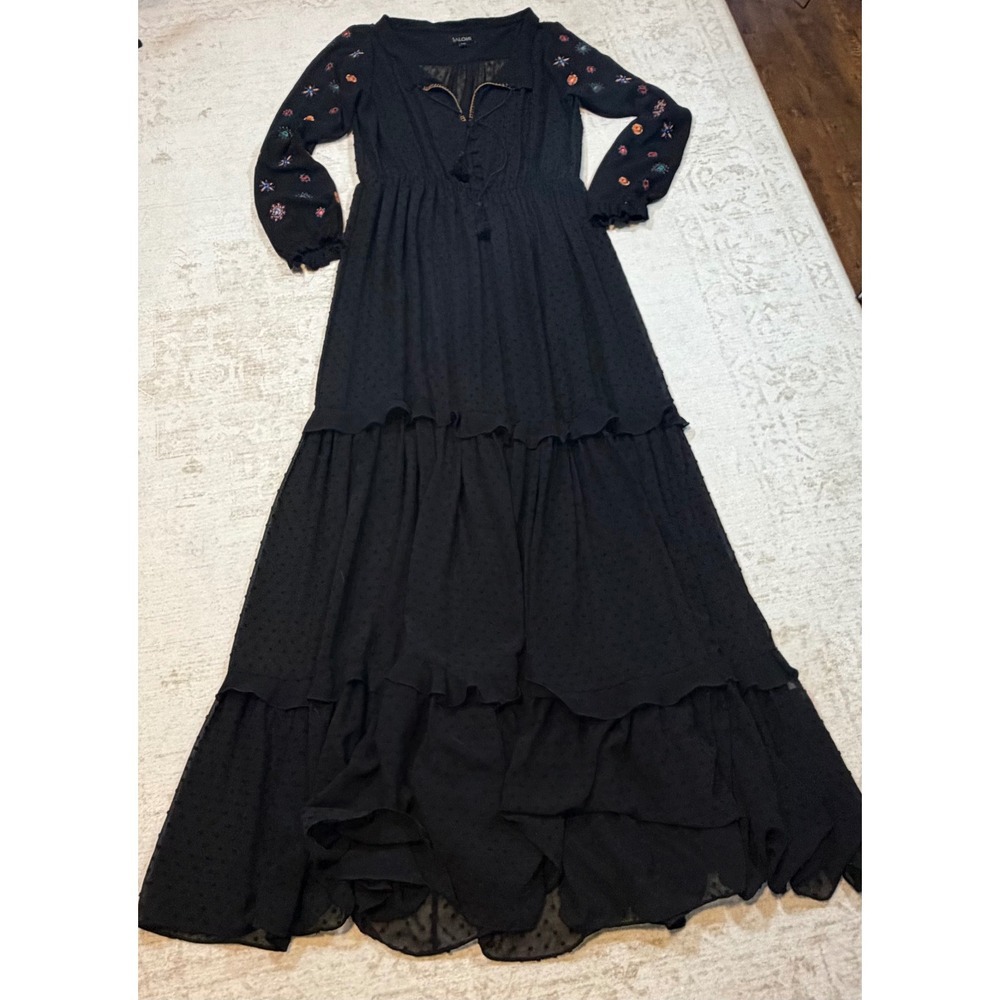 Saloni Black Embroidered Clip Dot Maxi Dress Tassel Tiered Boho Womens 6 UK 10